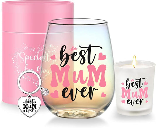 3-Piece Mum Gift Set – Wine Glass, Candle & Keychain