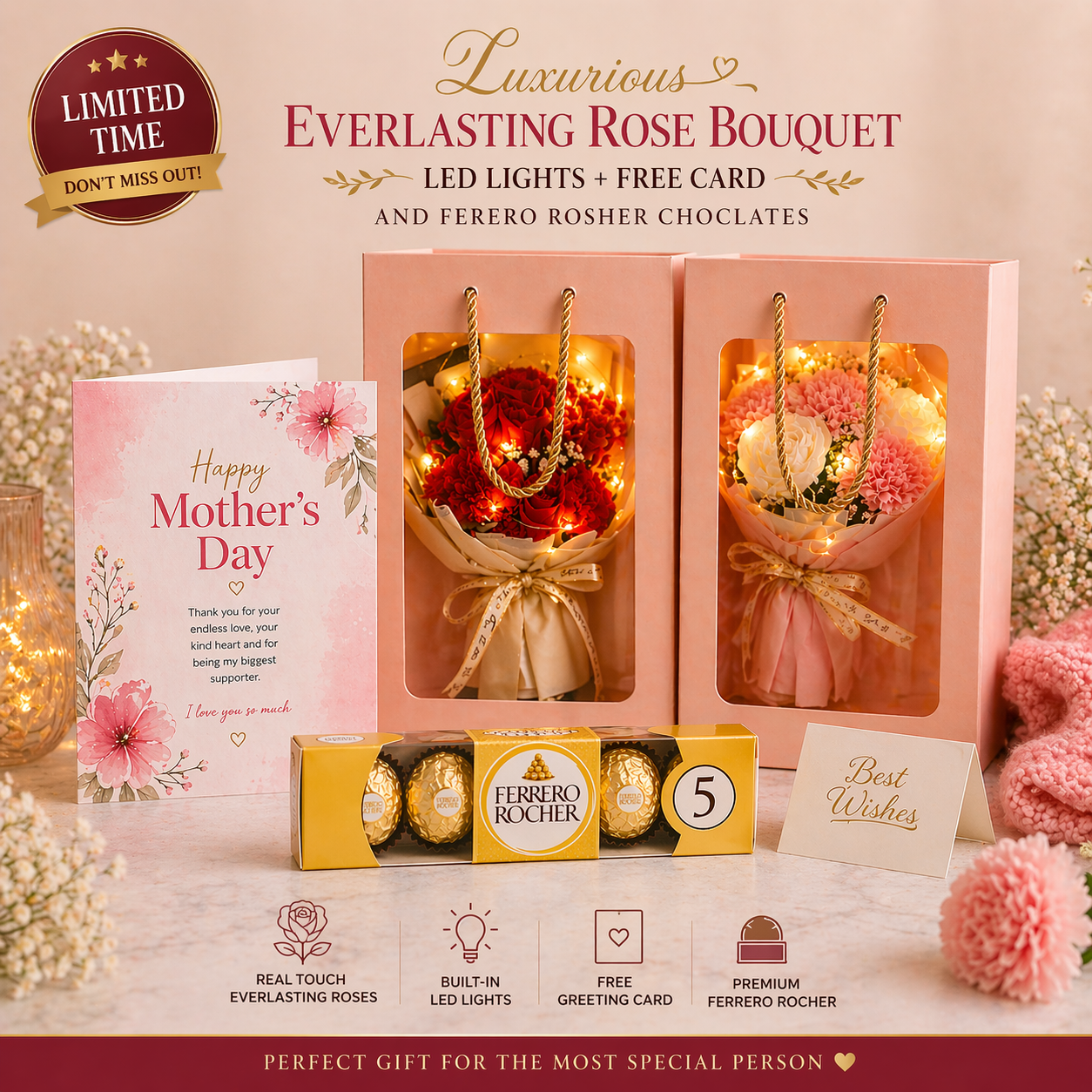 Luxurious Everlasting Rose Bouquet - Eternal Flowers with LED Lights
